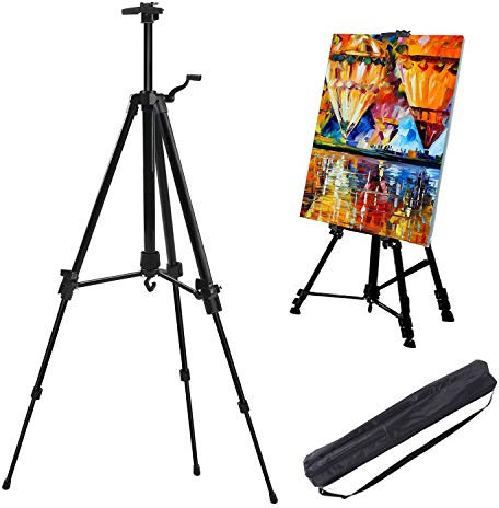 AOBETAK Staffelei Aluminium Ständer Groß,Verstellbar 52-162 cm,mit Tasche,Anzeigen Atelierstaffelei Für Leinwand/Poster/Hochzeit;Für Kinder,Erwachsene,Skizzieren,Malen; Schwarz