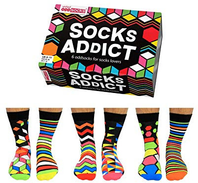 United Oddsocks Socks Addict – 6 Unique and Quirky Mix & Match Novelty Socks for Men, Gift Box, Fun and Playful Present for Sock Lovers, Birthday, Christmas, Father’s Day - UK 6-11, EUR 39-46, US 7-12