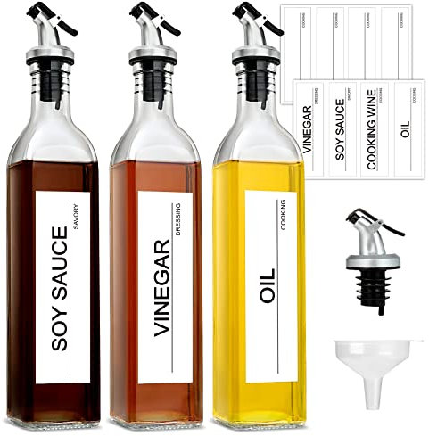 GMISUN Olive Oil Dispenser And Vinegar Bottle 3 Pack 17oz, For Kitchen, Glass Cooking Oil Container Cruet with Pourer Spout, Funnel And Labels, Clear