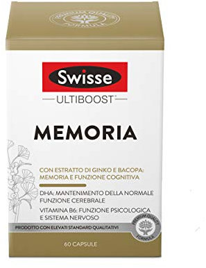 SWISSE Ultiboost- Integratori Memoria con Bacopa Monnieri e Ginkgo Biloba per Mantenimento Funzione Cognitiva, Integratore con DHA per Supporto Normale Funzione Cerebrale, Made in Italy, 60 Capsule