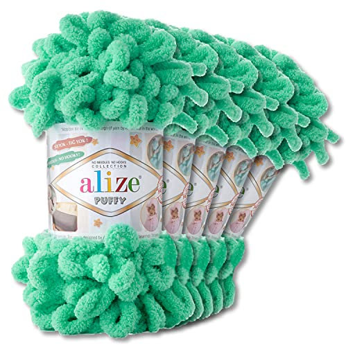 Alize 5 x 100 g Puffy Wolle Chenille Schlaufenwolle Häkeln und Stricken ohne Hilfsmittel Kleidung Accesoire Decken Teppiche (741 | Türkis)