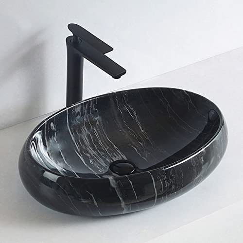GT-LUX Lavabo lavandino lavello da appoggio in ceramica effetto marmo OVALE 600X400X150 mm MOD.6121 vari colori a scelta (NERO)