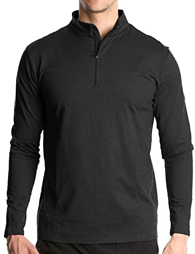 Men's 1/4 Zip Sports Long Sleeve T Shirt Casual Golf Running Quick-Dry Polo Shirts Outdoor Warm Hiking Fishing Sweatshirt Breathable Black L