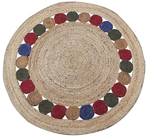 CASAVANI Runder Jute Teppich Indisch Handgemacht Fläche Teppich Bohemian Kelim Gewebter Teppich Küche Wohnzimmer Boho Teppich Büro/Zuhause Teppich 120 x 120 cm (4 x 4 Fuß im Quadrat)