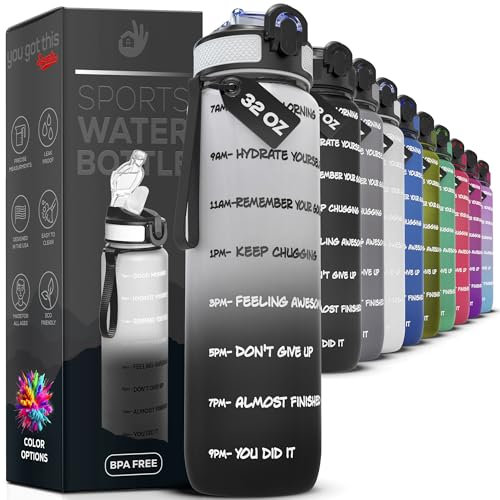 Motivierende HydroWasserflasche, 1 l, FlachmannWasserflasche, stündliche Zeitmarkierung, auslaufsicher, BPAfreie Flasche mit Strohhalm, bruchsicher, messbare Ziele, um Hydratationsziel zu
