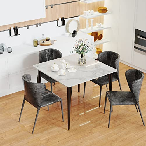 FATIVO Kitchen Dining Table Sintered Stone White Marble top Square 80cm | High Gloss Marble Top 4 Seater,Modern Dinner Tables with Tapered Metal Black Legs for Living Room Home Restaurant Coffee