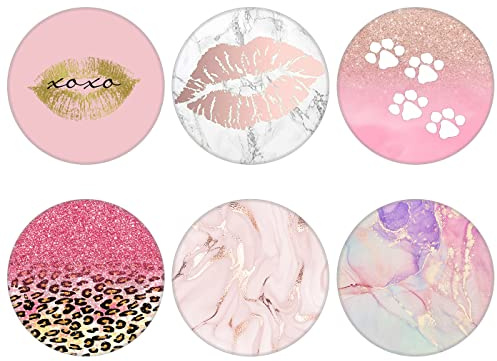 6 Pack Cell Phone Stand，Collapsible Cellphone Finger Grip Holder for Phones - Pink Lip Kiss Glitter Leopard Rose Gold Marble Dog Footprint