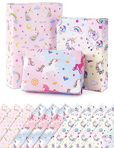 Papier d'Emballage Licorne - 10 Feuilles 51 x 69CM Papier d'Emballage Cadeau Licorne pour Filles Enfants Papier d'Emballage Cadeau Rose Arcenciel pour Anniversaire Boîte Cadeaux Baby Shower