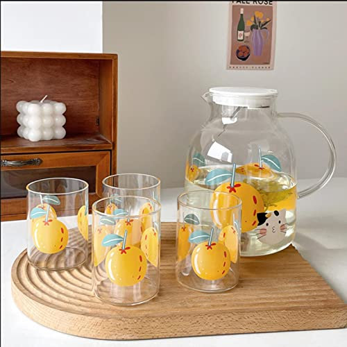 Orangefarbene Glas-Teekanne mit Teekanne, 4 Stück, Glasbecher und Teekanne, niedlich, transparent, Fruchtsaft, Blume, Tee, kältebeständig, großer Wasserkocher, Geschenk