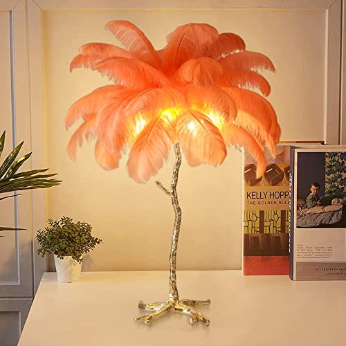 KISFWIU feather lamp Table Lamp Ostrich Feather Palm Tree With orange brown white black feather lampshade living room table light Home Decoration 80cm (orange)