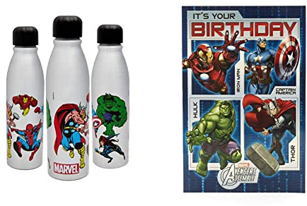 Marvel Comics Aluminum Water Bottle 600ml - Official Merchandise by Polar Gear & Avengers Birthday Card