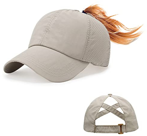 Feelorna Pferdeschwanz Baseball Cap Damen Sommer, Mesh Baseballkappe mit Pferdeschwanz Loch Einstellbare Atmungsaktive Sportkappe Hut für Outdoor Sport Reisen (Khaki)