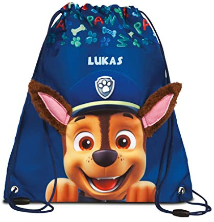 Turnbeutel Paw Patrol Jungen Mädchen mit Name Chase | Personalisierter Schuhbeutel Kinder Hunde | Sportbeutel zum Zuziehen Kinder-Rucksack | Mit 3D Ohren aus Stoff Plüsch