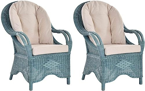 Krines Home 2er Set Breiter Wintergarten Rattansessel Natur Rattan Sessel Armlehnsessel Wohnzimmer Rattanmöbel (Blau - hohe Rückenlehne)