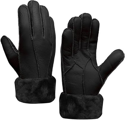 MGGMOKAY Damen Lederhandschuhe Schaffell Handschuhe aus Shearling Warme Winterhandschuhe,Schwarz,XS