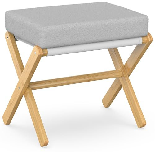 BAMBOOHOMIE Makeup Eitelkeit Hocker, Faltbarer Fußhocker mit Bambus X Beinen, Ottoman Fußstütze Stuhl für Vanity, Moderne Fußhocker klein gepolstert für Wohnzimmer (Natürlich - Grau)