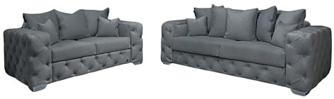 Snooze Velvet Ashton Scatter Back 3 and 2 Seater Sofa Sets, Corner Sofas For Living Room, Upholstered Plush Fabric 3 Seater Velvet Sofas (Space Grey Velvet, 3+2 Seater)