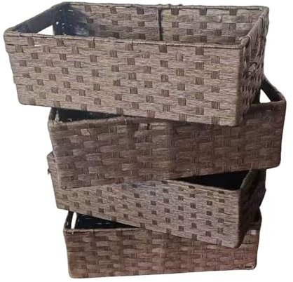 simpa 4PC Paper Rope Dark Brown Multipurpose Storage Basket Organiser Bins with Handles 37 x 19.5 x 12cm