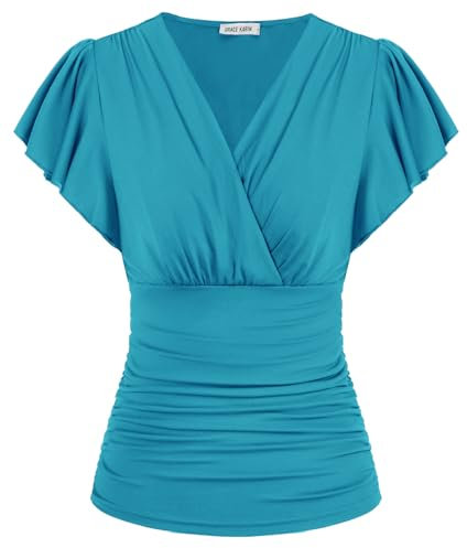 GRACE KARIN Damen V-Ausschnitt Oberteile Sexy Kurzarm Slim Fit Plissee-Tops Tunika Elegant Einfarbig Tunika Schwarz M Himmelblau M