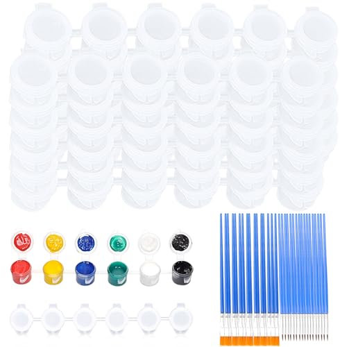 46 Pcs Empty Paint Pots and Paint Brushes Set, 12 Strips 72 Pcs 3ml Paint Pot Palettes with 34 Pcs Paint Brushes, Acrylic Mini Paint Container with Lid for Classrooms School Home Arts & Crafts Paint