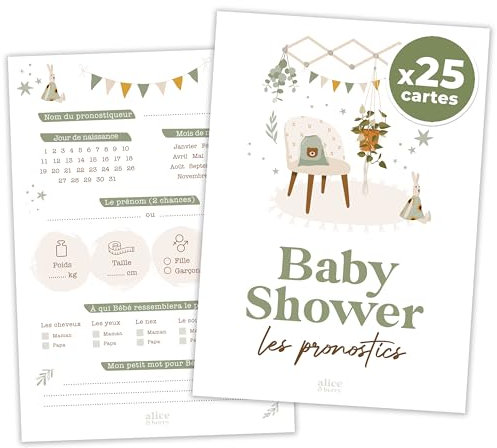 Cartes Pronostics BabyShower - Jeu Gender Reveal Prédictions Bébé Fille ou Garçon - Souvenir Grossesse, Organisation Babyshower Familiale - Design Kaki Olive Beige - Français - Pack de 25