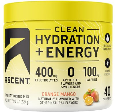 Ascent Clean Hydration + Energy Electrolytes Powder - 100mg Caffeine, 400mg Electrolytes, No Artificial Ingredients, Orange Mango 40 Servings