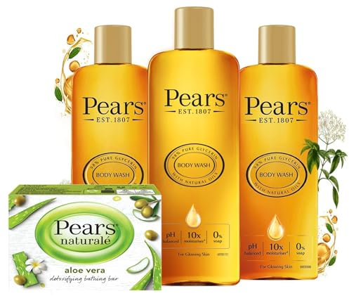 Pears Body Wash (3 x 250 ml) Pure and Gentle Original & Pears Naturalé Soap Aloe Vera 100g