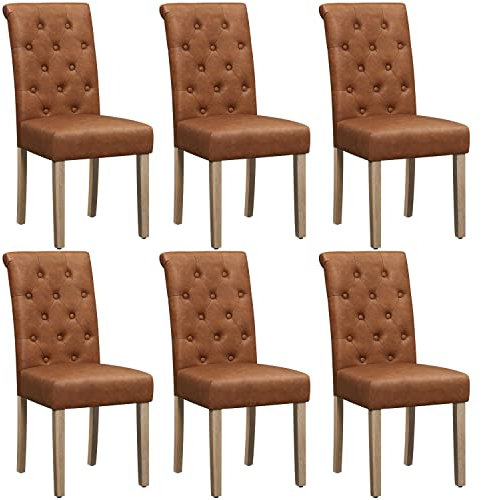 Yaheetech Set 6 Sedie Imbottite Sala da Pranzo con Schienale Alto Sedia da Cucina Gambe in Legno Massello Sedie Eleganti per Soggiorno Camera da Letto Marrone Retrò/Finta Pelle