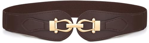 VONMELLI Wide Elastic Belts for Women, Stretch Ladies Waist Belt with Fashion Gold Buckle for Dresses Coffee L