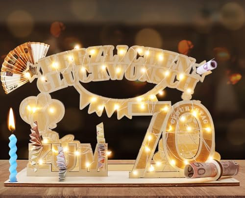 Kemanga 70. Geburtstag Geldgeschenke mit LED-Lichterkette, Holz Geschenk zum 70. Geburtstag für Männer Frau, 70. Geburtstag Dekoration Personalisiertes Geschenke