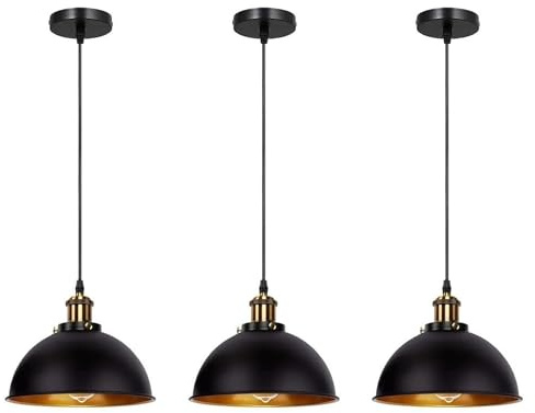 DC VOLTAGE 3 Pack 1 Way Pendant Light E27 Black Inner Gold Metal Light Shade Industrial Ceiling Hanging Lights for Kitchen Bedroom Living Dining Room