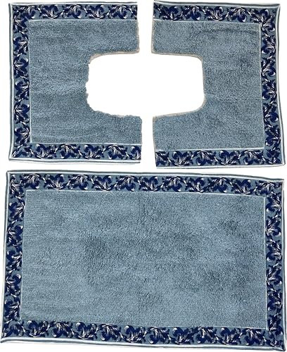 HOME ZEN HOUSEHOLD LINEN Set di tappeti da bagno LOUISE, 3 pezzi, 100% cotone idrofilo superassorbente, 1 tappetino 47x78 cm + 2 tappetini 47x38 cm scendi bidet e scendi water (AZZURRO)