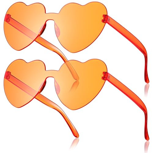 Fiada 2 Paar Herz Sonnenbrillen Herzförmige Brillen Lustige Partybrillen für JGA Hochzeit Fasching Kostüm Farbige Randlose Sonnenbrillen für Frauen(Orange,Einfacher Stil)