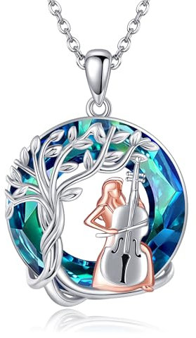 DAYLINLOVE Cello-Halskette aus 925er Sterlingsilber mit Lebensbäumen, Cello-Kristallschmuck, Abschlussgeschenke für Celloliebhaberinnen