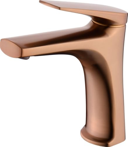 GALYON IMEX Grifo Monomando Lavabo - SERIE DELOS Grifo de Latón Acabado en Oro Rosa Cepillado con Cartucho Cerámico de Ø28 mm y Flexos de 3/8, Diseño Moderno y Funcional.