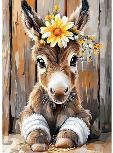 MAXBYE Süßer Esel Diamond Painting Art Kits, 5D Diamond Kunst Komplett Set DIY Gem Kunsthandwerk für Erwachsene Anfänger, Runde Diamant Bilder Kristall Kreuzstich Home Wall Decor 30x40cm