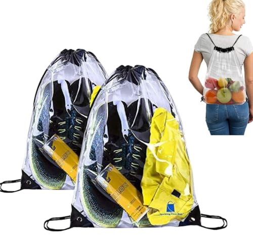 Transparente Kordelzug Tasche – 2 Stück, durchsichtiger Rucksack für Sport, Schule, Reisen und Festivals, wasserdichter Gym Bag, ideal für Strand und Freizeitaktivitäten