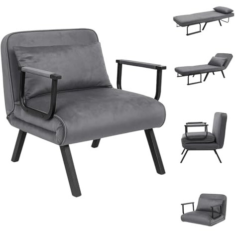 CROWNSHOP Folding Sofa Bed 4-in-1 Convertible Single Sofa Chair Bed with 6-Position Backrest and Pillow, Folding Sleeper Couch with Back Upholstered Seat Single Flip Chair for Living Room Gray