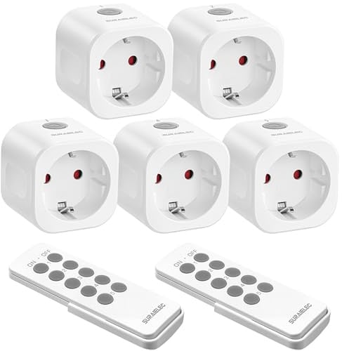 SURAIELEC Funksteckdosen-Set mit Fernbedienung, 16A/3680W, 5 Steckdosen | Inklusive 2 Fernbedienungen. Kabelloses Funksystem für Innen mit 30m Reichweite. Energiesparend, CE & RoHS Zertifiziert