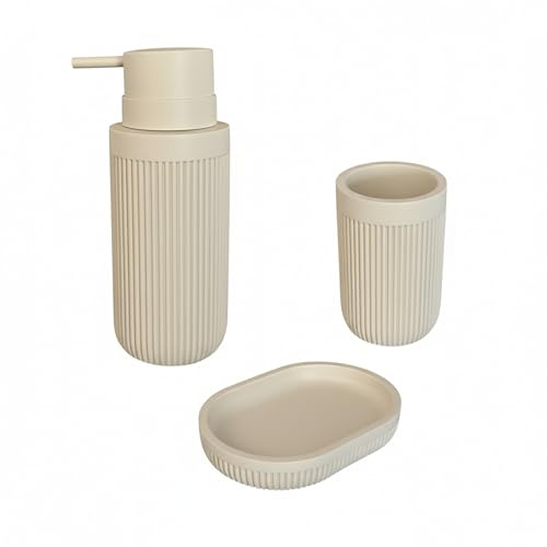 Relaxdays Bathroom Accessories, 3-piece set, soap dish, dispenser, toothbrush cup, polyresin, beige