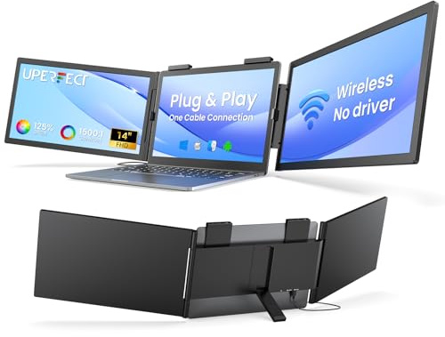 UPERFECT Wireless Laptop Screen Extender 14'' 1080P Dual Portable Monitor | Triple Monitor Fit 13.3-17.3'' Laptop, Ultra-Slim Dual Display USB-C HDMI Plug & Play Second Screen for Laptop/Mini PC