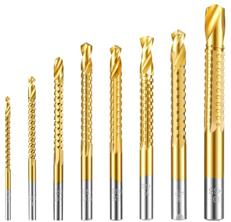 8 Pack Titanium Coated HSS Step Drill Bits, 3-10mm Hex Shank Serrated Side Cutting Bit Set, Precise Hole Enlarging & Grooving Tool for Wood Metal Plastic Aluminum
