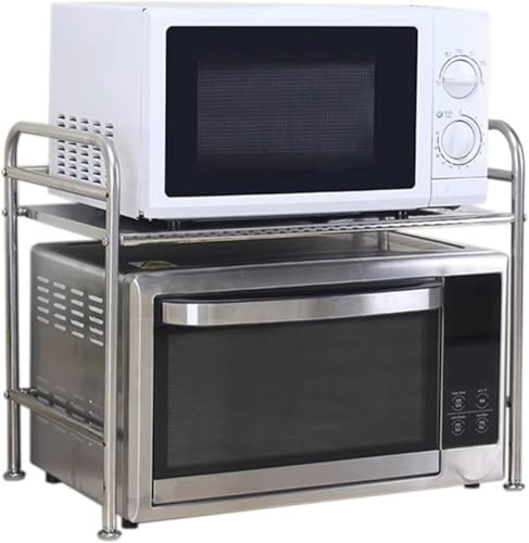 Stainless Steel 2-Tier Microwave Oven Rack, Kitchen Counter Shelf with Hooks, 40cm/50cm/60cm (60cm)