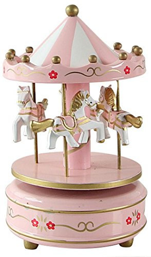 HorBous Merry-GO-Round Karussell Hölzerne Uhrwerk Spieluhr Geschenk Dekoration mit Musik von Schloss in den Himmel 6 Farben (Rosa)