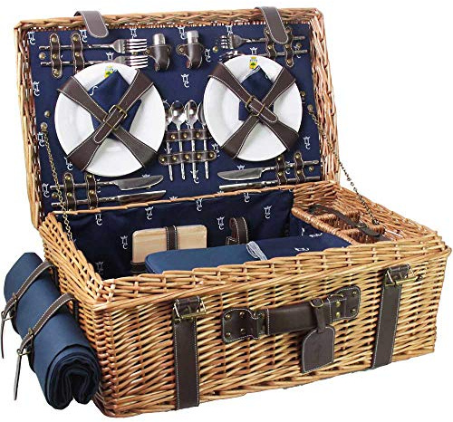 Les Jardins de la Comtesse - Picknick Wicker und Leder Champs-Elysees Blau - Picknickkorb Full / 4 Personen - Isolierfach - Feinporzellan und Weingläser - 57 x 37 x 23 cm