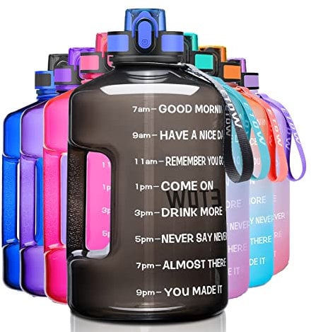ETDW Half Gallon Water Bottle with Time Marker BPA Free, 2.2Litre Motivational Large Water Jug Leak Proof Huge Water Container with Handle for Gym Camping Sports BLACK