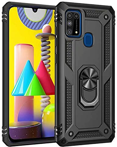 NH Custodia Samsung Galaxy M31, Cover 360° Girevole Ring Armor Bumper TPU Case Magnetica Supporto Smartphone Silicone Custodie con Pellicola Protettiva per Samsung Galaxy M31,Nero