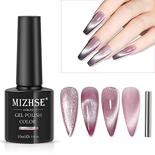 MIZHSE Cat Eye UV Gel Nagellack UV Gel Glitzer Katzenaugen Gel Cateye Magnet Nagellack Rosa Cateye UV Gel Holografischer Gellack UV mit 1 Magnet DIY Art Maniküre Nagellack 10ml