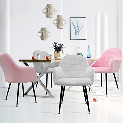 ECD Germany Lot de 4 Chaises de Salle à Manger - Siège Rembourrée en Velours - Pieds en Métal - Fauteuil avec Dossier et Accoudoirs - Chaise de Salon Cuisine Réception pour Bureau - en Gris et Rose