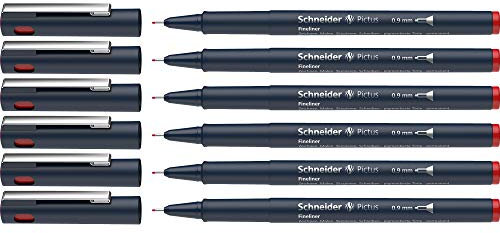Schneider Pictus Fineliner (Strichstärke 0,9 mm, dokumentenechte Pigmentliner, metallgefasste Spitze, Gehäuse aus 85% recyceltem Kunststoff) 6er Pack, rot
